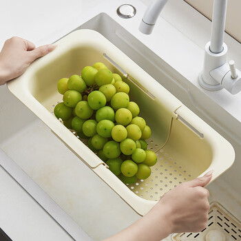 Retractable fruit and vegetable washing sink drain rack kitchen plastic household wash basin vegetable basin storage rack new cream white-extra large size see figure 2