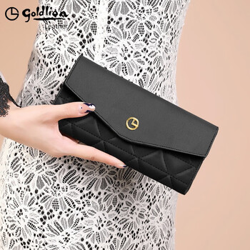 Goldlion women's wallet long 2025 new genuine leather fashion trend three-fold women's wallet women's day gift for the elderly black