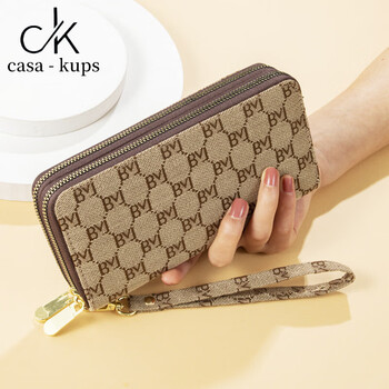 Casa-kupsck women's bag light luxury simple double zipper wallet long women's clutch large capacity european and american fashion dark coffee color