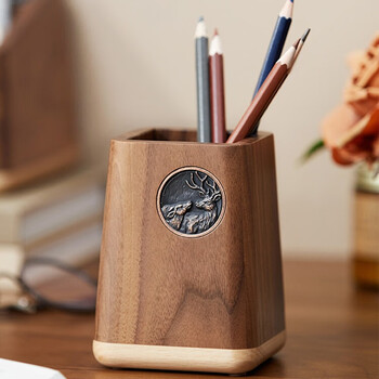Nalandohao black walnut solid wood pen holder nordic light luxury office desktop stationery storage box wooden pen holder pen holder black walnut-embossed deer pen holder