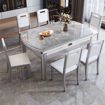 Slate dining table and chair combination modern simple light luxury small apartment dining table household retractable solid wood dining table variable round table ordinary 12mm snow mountain white glossy black and white 1.2m dining table