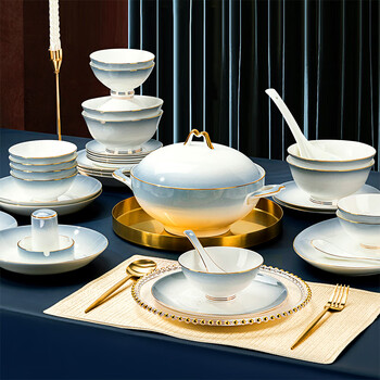 Guoyue bone china tableware and dishes sets light luxury dishes and dishes sets jingdezhen ceramics household bowls gold-rimmed bowls, plate and chopsticks gift box gradient gray 60-head glaze winning color dishwasher support