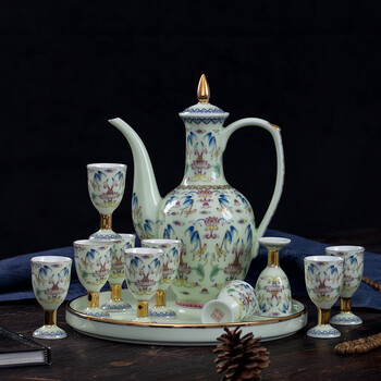 Xiheyinyao xihetang enamel wine set household jingdezhen high-end ceramic chinese family banquet wine cup white wine cup emerald green style (1 pot 10 cups 1 tray)