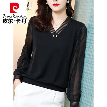 Pierre cardin lace chiffon shirt women's long sleeve 2024 autumn new spring and autumn bottoming shirt temperament top western style small shirt black xl 115-125 jin