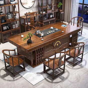 New chinese style solid wood large board tea table and chair combination, a complete set of home storage tea table, office tea making table, 1.6 meters lucky stone plate style 1 taishi chair 4 crescent chair