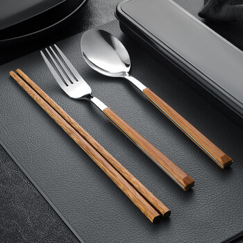 Enshousu chopsticks and spoon set, one person, one chopstick, portable tableware, student storage box, fork, single person, three wooden chopsticks, silver spoon + wooden handle square chopsticks, black box + 3-piece set
