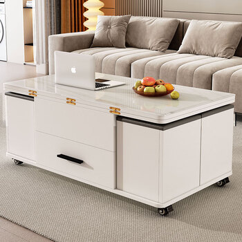 Fansiji multifunctional folding lifting coffee table white small apartment tempered glass movable coffee table table dining table integrated tea table 1.2 meters lifting coffee table + 4 leather stools e0 level
