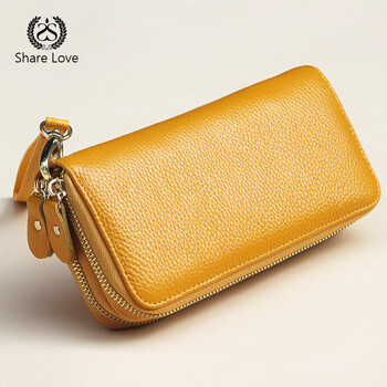 Sharelove bag, genuine leather wallet, cowhide double zipper, large capacity mobile phone bag for men and women, yellow lucky bag, gift for mother, yellow-double puller, clean surface model