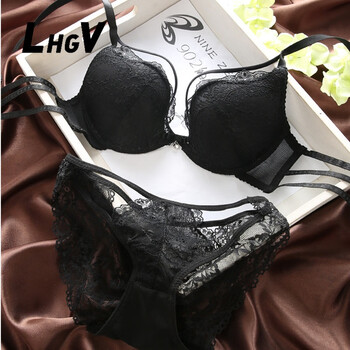 Lhgv brand underwear feminine lace beautiful back gathered front button adjustable young women pure desire premium bra set black set gift box 70b