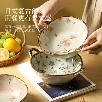 Kawashimaya japanese-style double-eared soup bowl household 2021 new tableware ceramic large soup basin ramen bowl snail noodle bowl