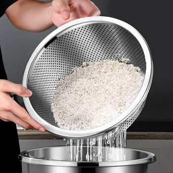 Longzhifan thickened stainless steel rice sieve drain basin dense hole basket washing basin rice washing basin leakage basin round household vegetable washing fruit basket 22cm thickened dense hole leakage basin