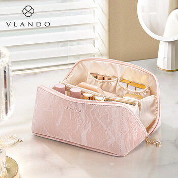 Vlando high-end national style velvet waterproof cosmetic bag women's portable large-capacity travel wash bag premium birthday gift sand pink free mesh bag