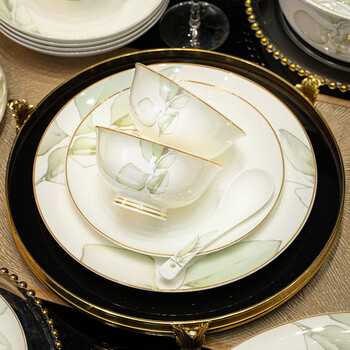 Jingdezhen dish set household tableware complete set housewarming gift light luxury gold edge bowl ceramic plate bowl gift box 56 pieces set for 10 people gift box