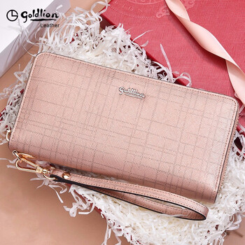 Goldlion women's long wallet, fashionable zipper handbag, real cowhide handbag, simple birthday gift for girlfriend, wife, officially authorized, get 10% off if you get a fake one, gold pink