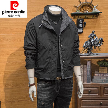 Pierre cardin 2024 autumn and winter new stand collar jacket men's plaid top fashion slim youth thickened work jacket black ifashion american jacket/pi shuai wai xl 130-150 jin