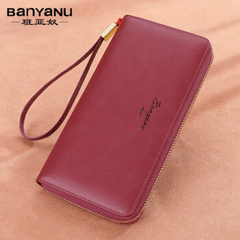 Banyanu women's wallet 2025 new fashion multifunctional simple long genuine leather wallet large capacity zipper clutch burgundy - (anti-theft brush)