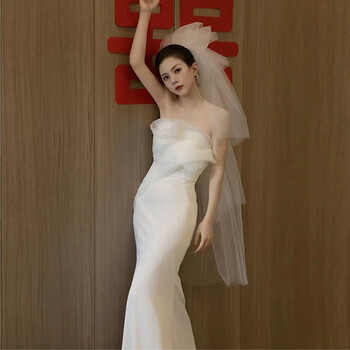 Dutrieux light wedding dress 2025 new small tail with certificate simple satin small white skirt dress fishtail bride french outing yarn white strap s