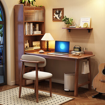 He jiagong solid wood computer desk solid wood desk and chair set small apartment bedroom office desk home multi-purpose student writing desk walnut color - table + bookshelf length 100*width 60*height 75 spot ready for delivery