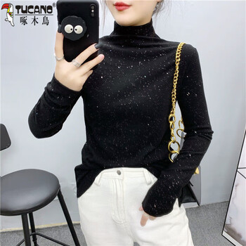 Woodpecker (tucano) western-style half-high collar shiny long-sleeved t-shirt for women in autumn and winter double-sided brushed plus velvet inner sequined bottoming shirt for women, black plus velvet to keep warm m 91-100 pounds