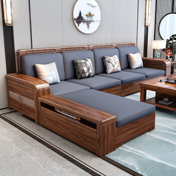 Mai yayue solid wood sofa, walnut sofa combination, modern living room corner, new chinese storage sofa for winter and summer, five seats + imperial concubine + coffee table, imported latex cushion style