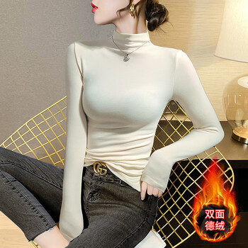 Djvt japanese apricot color velvet thickened half turtleneck bottoming shirt for women to wear with autumn and winter new warm knitted brushed top, apricot color, one-piece half turtleneck, german velvet style 1408 s (under 86 pounds)