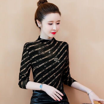 Kanjoop diagonal striped bottoming shirt for women in spring, autumn and winter with half turtleneck mesh slim top, fashionable slimming long-sleeved t-shirt for women, black xl