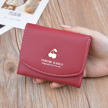 Women's wallet women's short tri-fold cover wallet japanese and korean new cherry large capacity folding wallet small wallet maroon