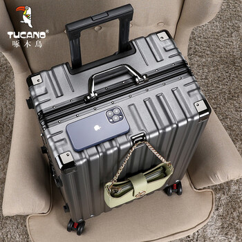 Woodpecker luggage aluminum frame strong and durable alloy trolley case large capacity lightweight suitcase thickened boarding password box dark gray - double closed interior + portable hook 24 inches shock-absorbing brake wheels + tsa password lock