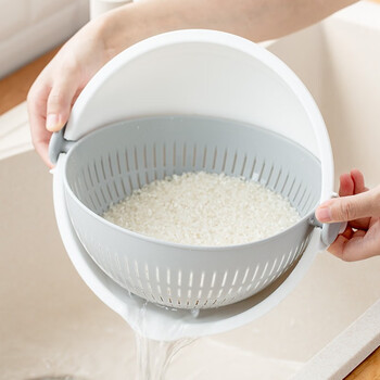 Kokubo japan imported vegetable sink fruit plate basket kitchen drain basket rice basin double layer rotating drain basket white gray l size