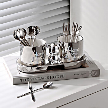 Zhengye light luxury fruit fork 304 stainless steel fork spoon coffee spoon fruit pick set dessert cake fork storage can silver double can + 6 forks 6 spoons + bear tray