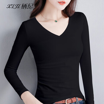 Qiji's new autumn and winter bottoming shirt for women with slim fit long-sleeved solid color cotton outer top black - v-neck l recommended (102-114 pounds)