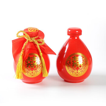 Duanchen ceramic wine flask wedding happy word wine bottle wedding household wine flask white wine bottle red wedding banquet one pound sealed empty wine red double happy single bottle cloth rope film