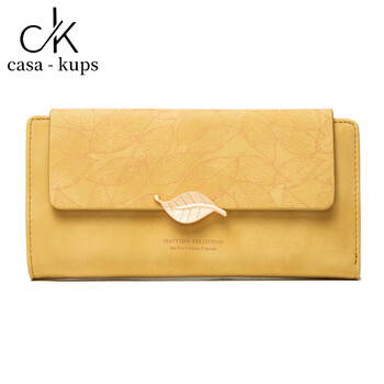 Casa-kupsck women's bag light luxury simple wallet long new frosted leaf buckle zipper long wallet large yellow