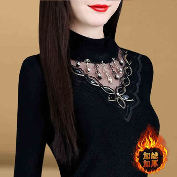 Dulan fashionable velvet bottoming shirt women's 2025 autumn and winter new large size long sleeve lace warm top western style small shirt velvet thickened 3xl