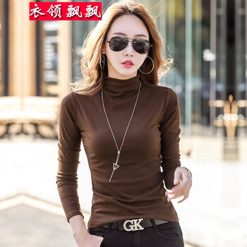 Fluttering collar, high collar, solid color bottoming shirt for women, thickened velvet, spring, autumn and winter long-sleeved t-shirt tops for women, cotton, brown, no velvet, m (95-105 pounds)