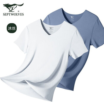 Septwolves ice silk men's short sleeve t-shirt men's summer thin men's seamless sports breathable cool top v-neck t-shirt 80s seamless ice silk antibacterial style - white + cold gray xl (recommended weight 130-150)