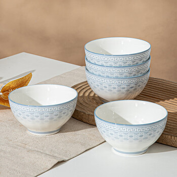 Linion ceramic bowl chinese-style underglaze color relief rice bowl 4.5 inches 6-piece combination set household rice bowl