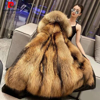 Pierre cardin removable mink liner raccoon fur coat large version mid-length fur all-in-one coat winter parka for women yellow liner l _106 catties to 115 catties