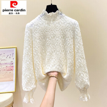 Chujing brand discount plus size women's autumn and winter plus velvet half turtleneck lace shirt for obese women, slim and stylish inner warm top, off-white, western style, age-reducing and versatile, 3xl 160-180 pounds