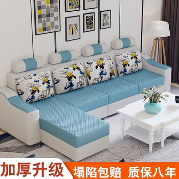 Bamboo fabric sofa living room home small apartment light luxury technology cloth three-four-five-seater furniture folding two-purpose sofa bed beige + sky blue free pillow delivery home straight three-seater 2.1m - sponge style free stool