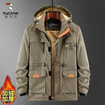 Woodpecker (tucano) winter velvet thickened cotton coat men's windproof mountaineering jacket men's large size multi-pocket jacket 086 khaki (thickened version) velvet 2xl recommended (140-160 pounds)