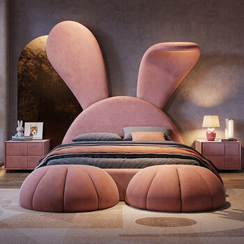 Stupid xiaolong children's bed girl princess bed bedroom rabbit shape bed fabric designer cartoon solid wood bed widened soft bed rabbit bed with footstool 1.5*1.9 meters