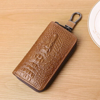 Jingmengyuan key bag men's multifunctional large capacity home car universal men's key bag first layer cowhide yellow brown buckle