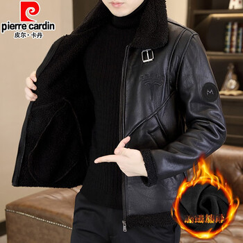 Pierre cardin winter fleece jacket men's fur collar jacket men's short windbreaker thickened warm fur all-in-one leather jacket winter black m
