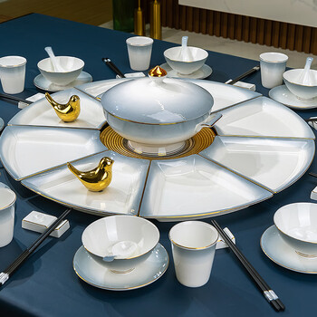 Yanlai jingdezhen bone china tableware complete household round table tableware set housewarming glaze medium color fan-shaped bowls and plates ceramic platter gradient gray fan-shaped plate gift box 62 pieces