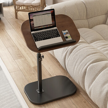 Wooden bottle movable bedside table bedroom home simple liftable rotating folding small desk computer table bedside lazy table walnut color desktop + black shelf 45*28*(53-83)cm