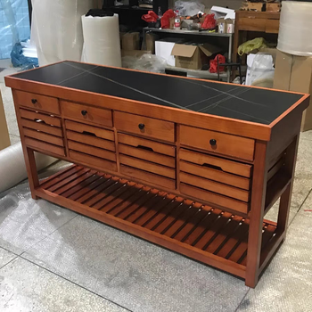 Renjuyi kitchen island solid wood cooking table open sideboard retro marble console american country cabinet solid wood countertop 80*60*85 two drawers