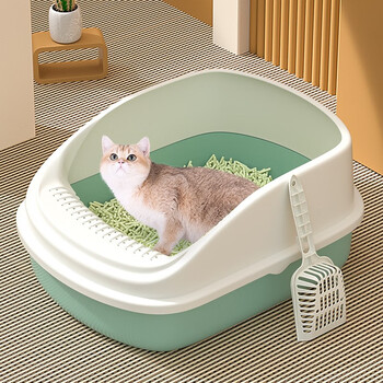 Hanhan pet cat litter box extra large cat toilet semi-enclosed cat litter box kitten adult cat anti-splash cat poop box cat supplies tea green large size