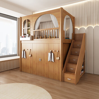 Hanmu high and low bed with desk integrated overhead wardrobe double-layer children's bed multifunctional combination bunk bed and table, ladder cabinet + overhead bed + cloakroom + 1 mattress 1.2*1.9m