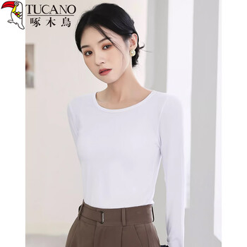 Woodpecker bottoming shirt women's modal long sleeve t-shirt round neck thermal underwear spring, autumn and winter inner slim top white m